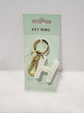 Initial Letter H White Knitted Woven 3D Beaded Pearl Gold Keychain Bag Charm NWT